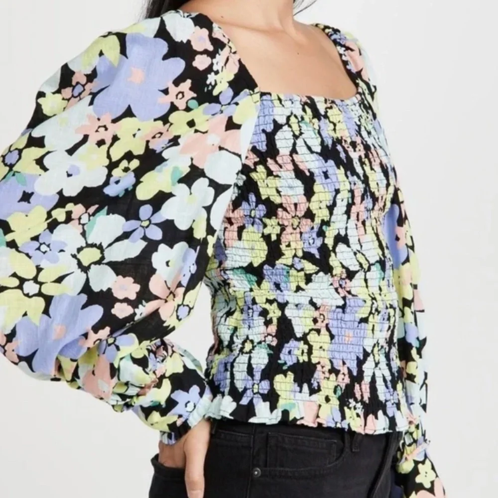 Free People Ariana Square Neck Smocked Top in Retro Floral Sz M